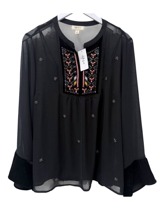 Style & Co. Tops - Style & Co Boho Blouse Size Medium Black Embroidered Chiffon Womens Top NWT